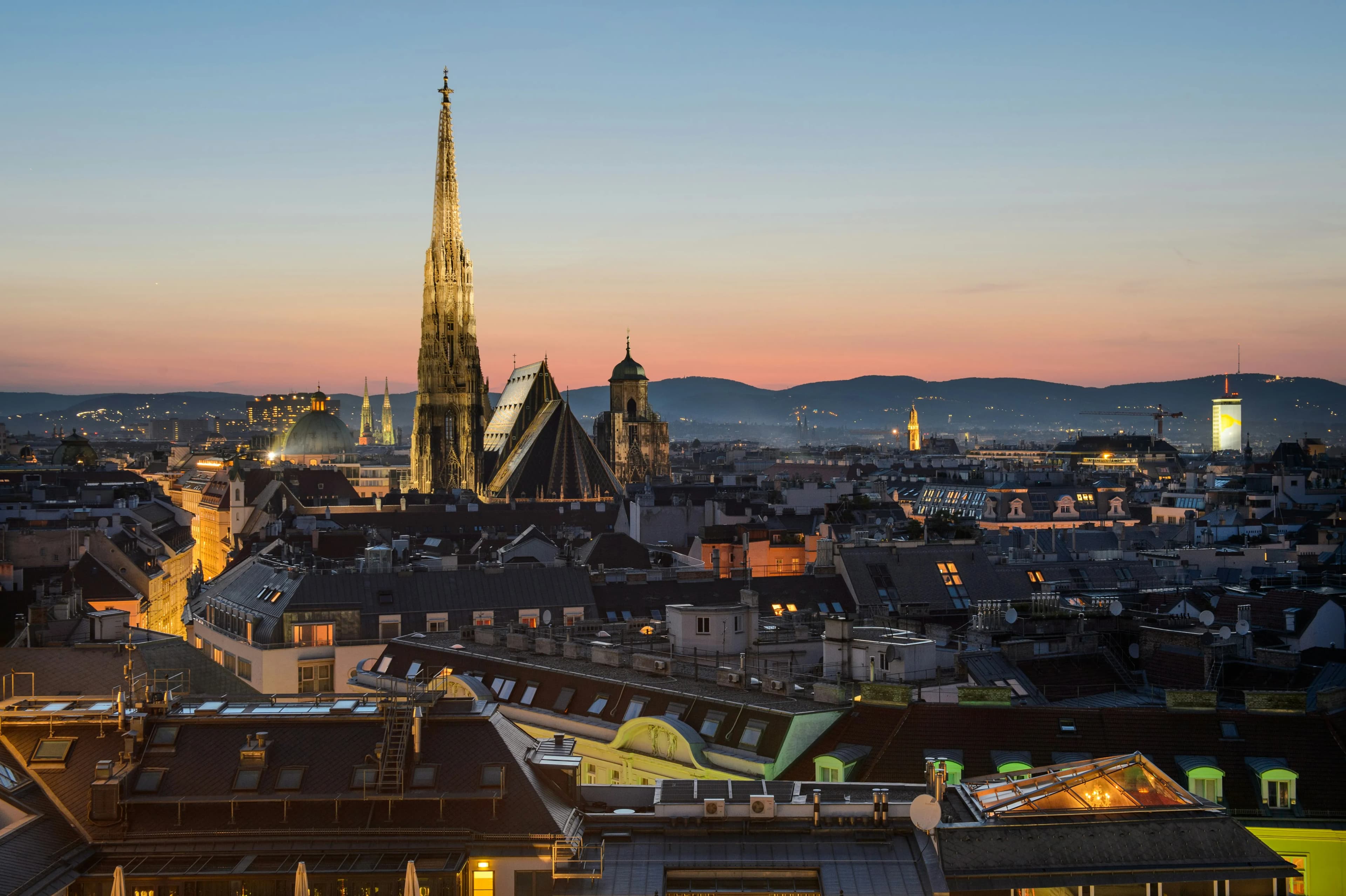 Panoramic view of Vienna city center with St. Stephens Cathedral